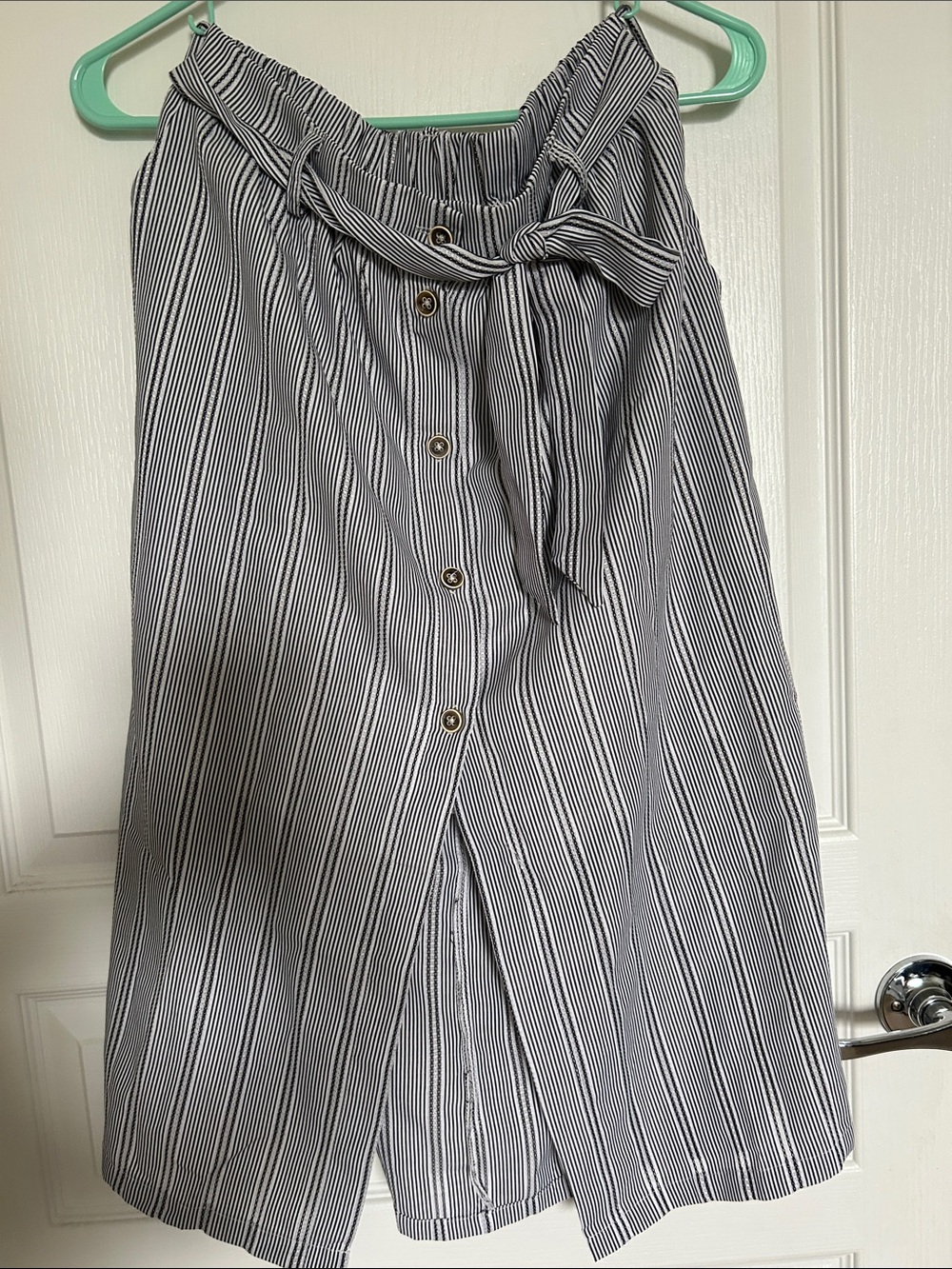 HYFVE Blue and White Vertical Stripe Midi Skirt with Tie Waist